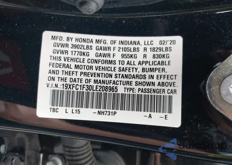 2020 Honda Civic Ex из США, поврежденный, VIN 19XFC1F30LE208965